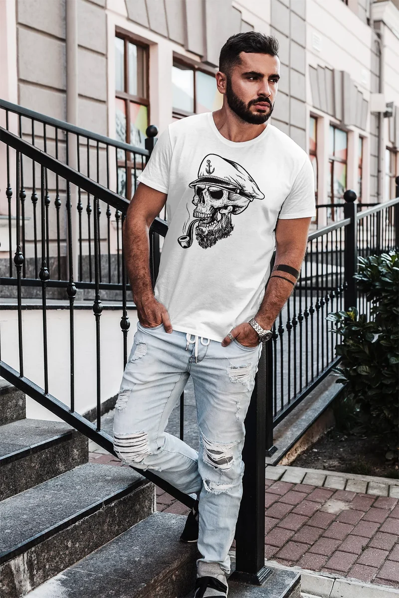 Herren T-Shirt Captain Skull Beard Kapitän Totenkopf Bard Sailor Schädel Slim Fit
