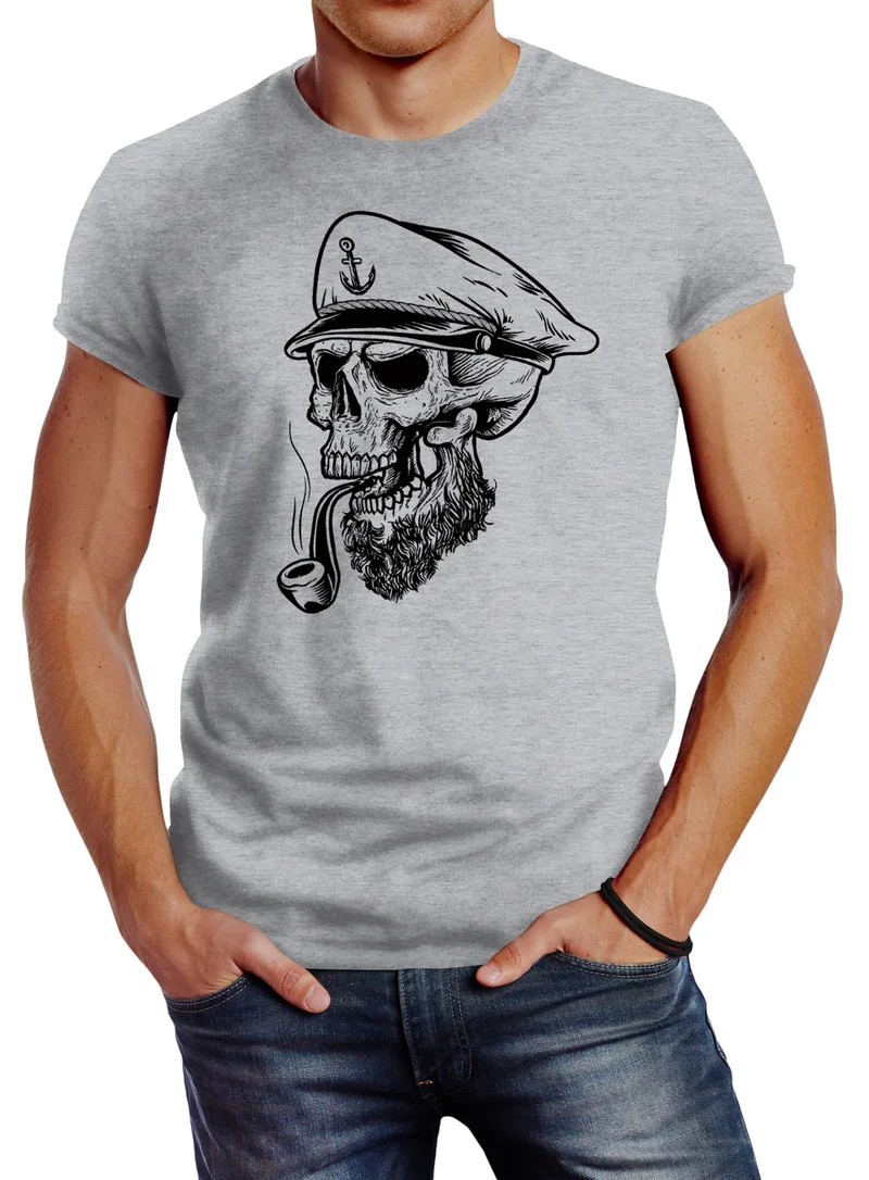 Herren T-Shirt Captain Skull Beard Kapitän Totenkopf Bard Sailor Schädel Slim Fit
