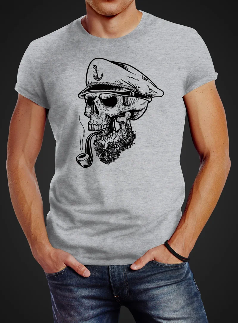 Herren T-Shirt Captain Skull Beard Kapitän Totenkopf Bard Sailor Schädel Slim Fit