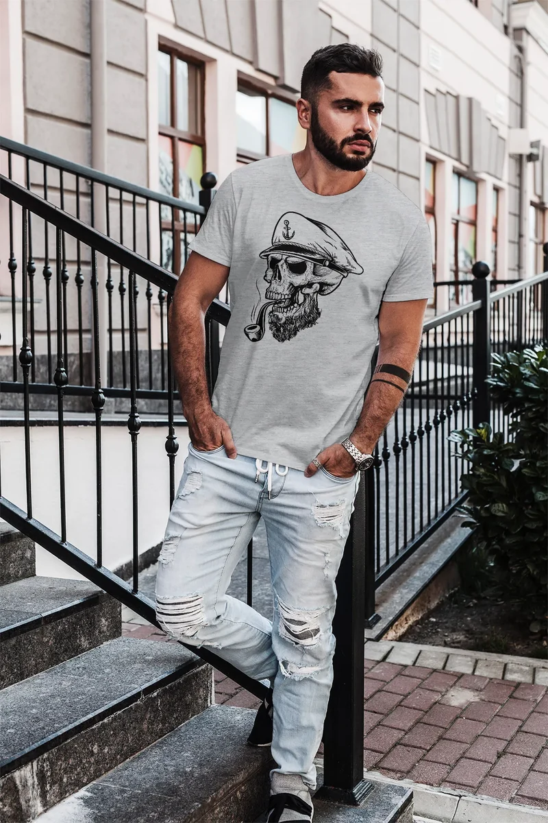 Herren T-Shirt Captain Skull Beard Kapitän Totenkopf Bard Sailor Schädel Slim Fit