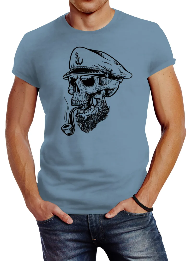 Herren T-Shirt Captain Skull Beard Kapitän Totenkopf Bard Sailor Schädel Slim Fit