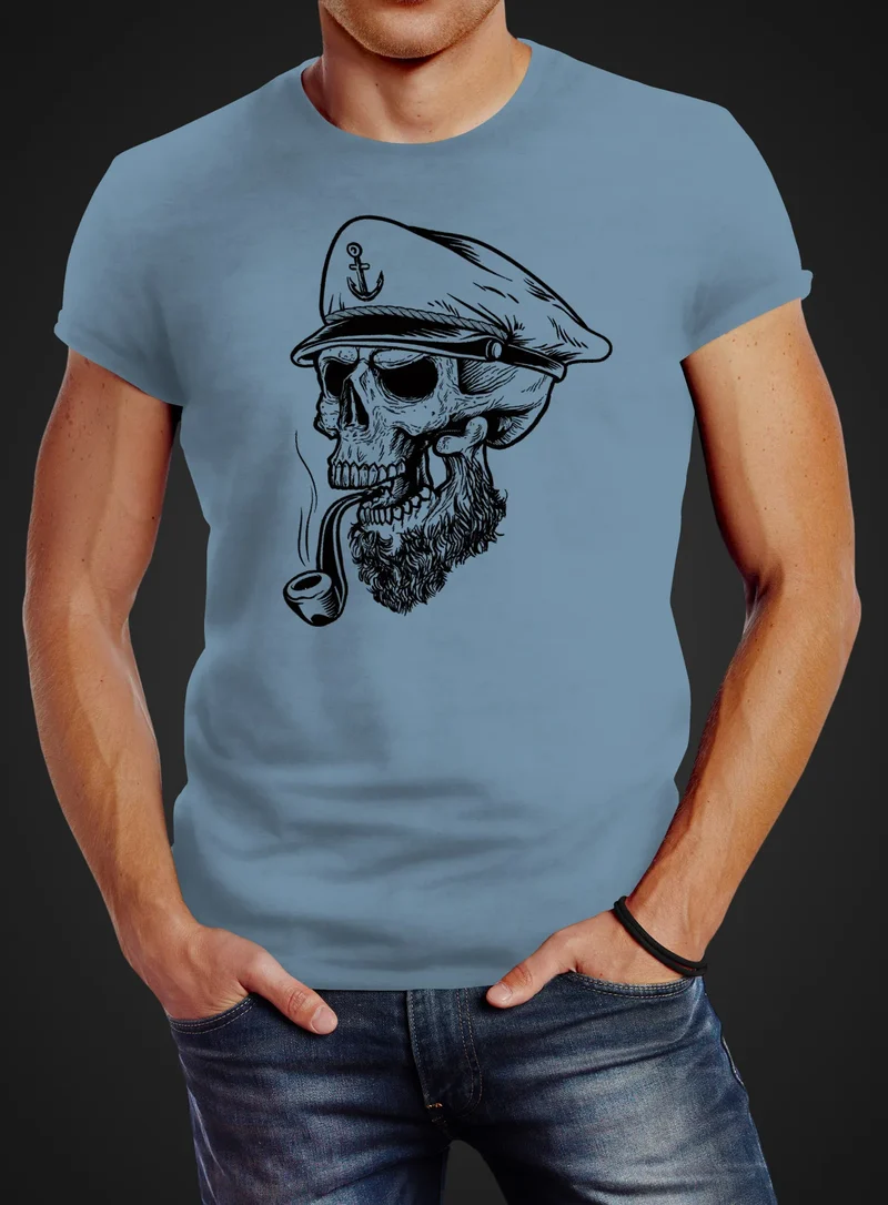 Herren T-Shirt Captain Skull Beard Kapitän Totenkopf Bard Sailor Schädel Slim Fit