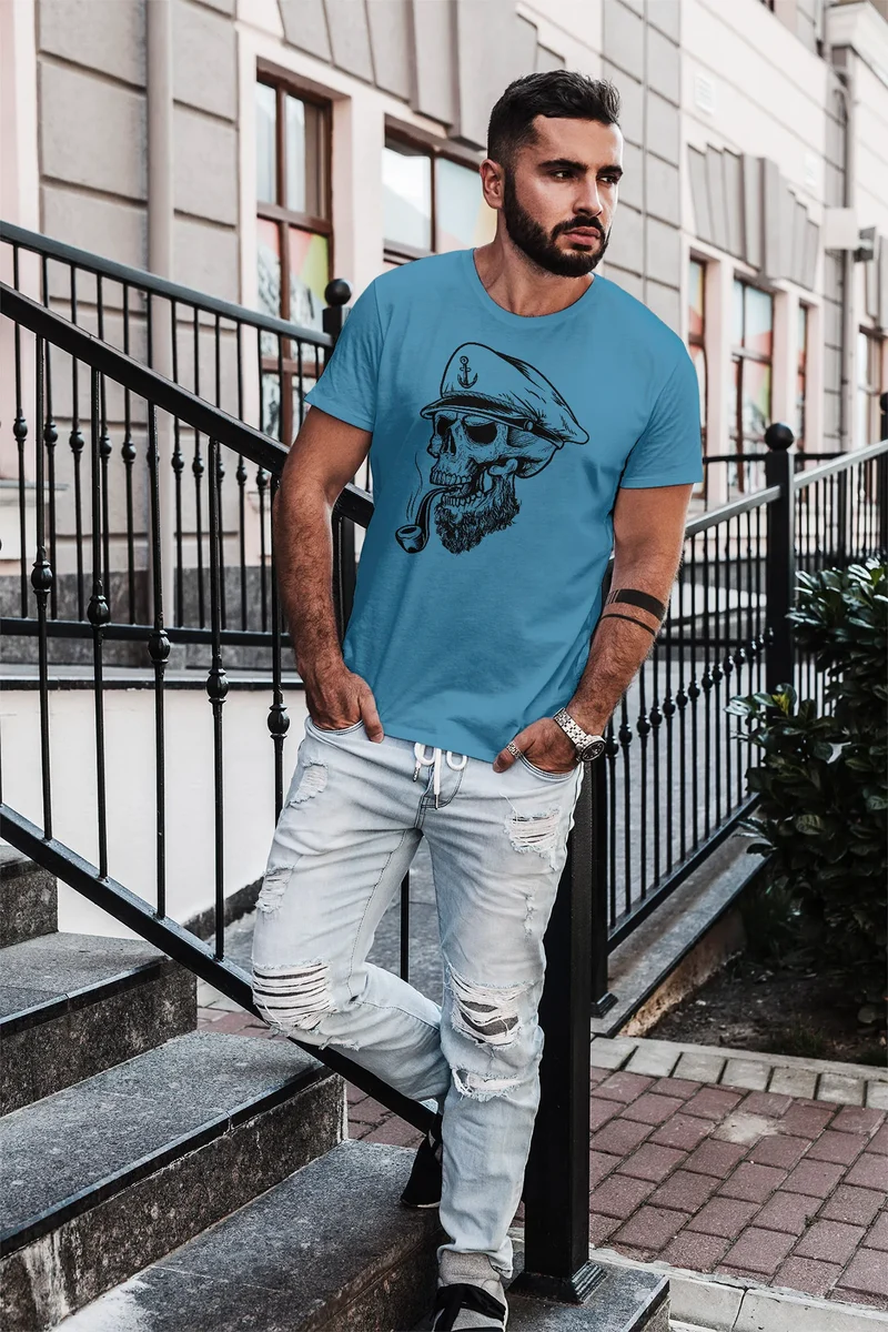 Herren T-Shirt Captain Skull Beard Kapitän Totenkopf Bard Sailor Schädel Slim Fit