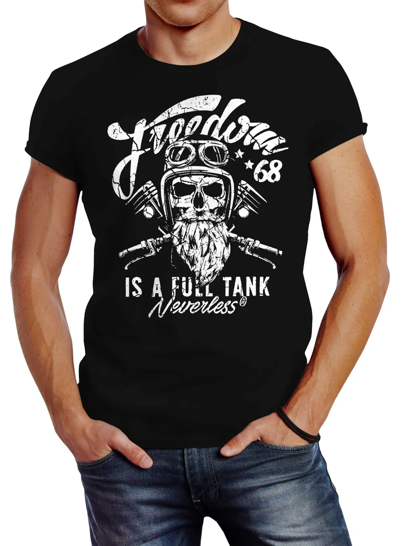 Herren T-Shirt Biker Motorrad Motiv Freedom is a full Tank Skull Totenkopf Slim Fit