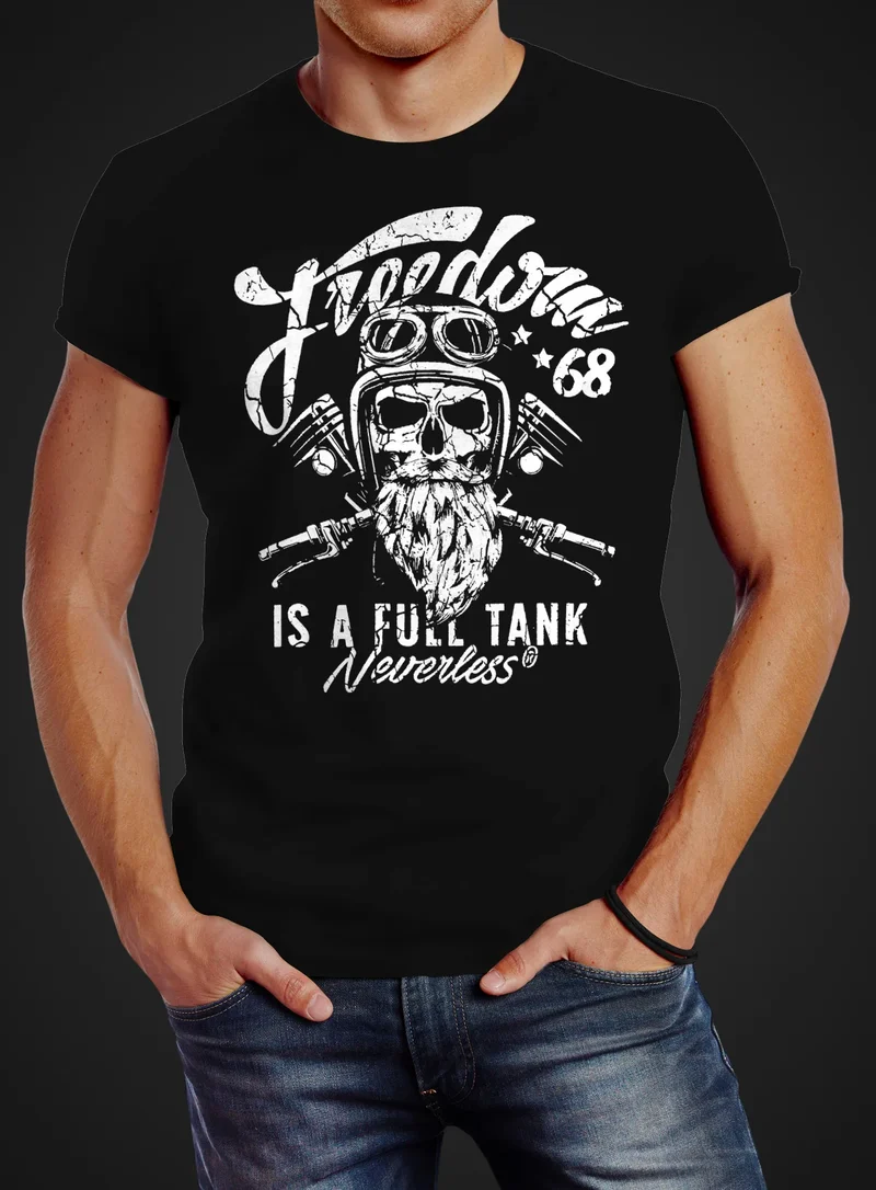 Herren T-Shirt Biker Motorrad Motiv Freedom is a full Tank Skull Totenkopf Slim Fit