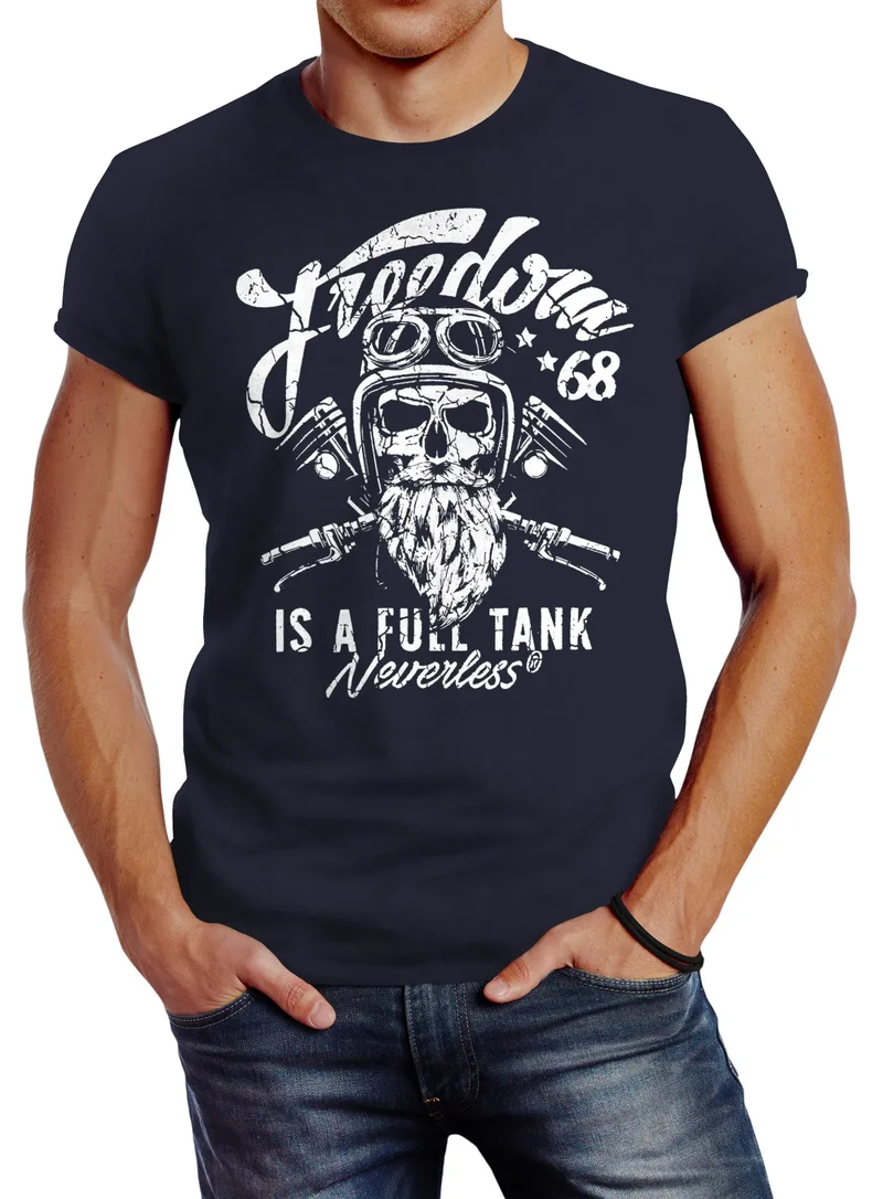 Herren T-Shirt Biker Motorrad Motiv Freedom is a full Tank Skull Totenkopf Slim Fit
