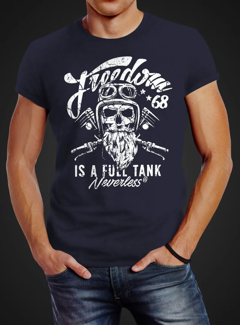Herren T-Shirt Biker Motorrad Motiv Freedom is a full Tank Skull Totenkopf Slim Fit