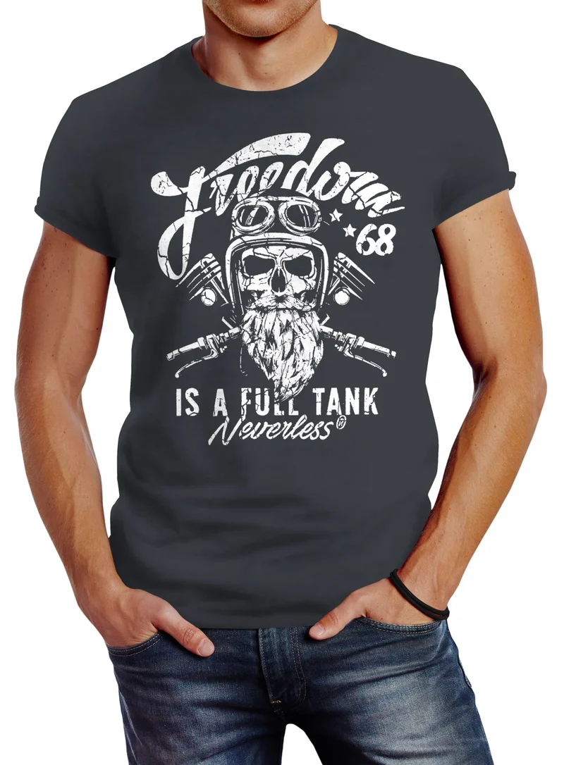 Herren T-Shirt Biker Motorrad Motiv Freedom is a full Tank Skull Totenkopf Slim Fit