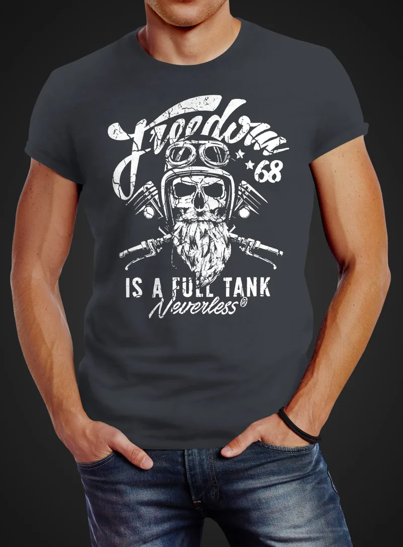 Herren T-Shirt Biker Motorrad Motiv Freedom is a full Tank Skull Totenkopf Slim Fit
