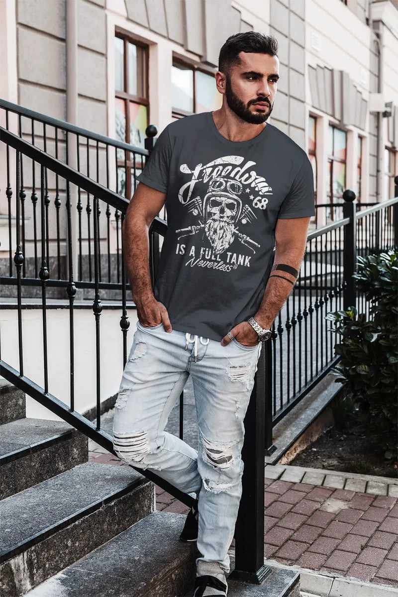 Herren T-Shirt Biker Motorrad Motiv Freedom is a full Tank Skull Totenkopf Slim Fit