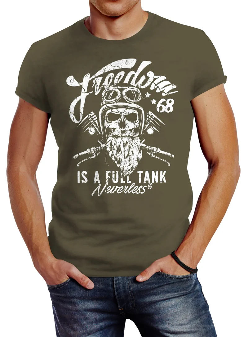 Herren T-Shirt Biker Motorrad Motiv Freedom is a full Tank Skull Totenkopf Slim Fit
