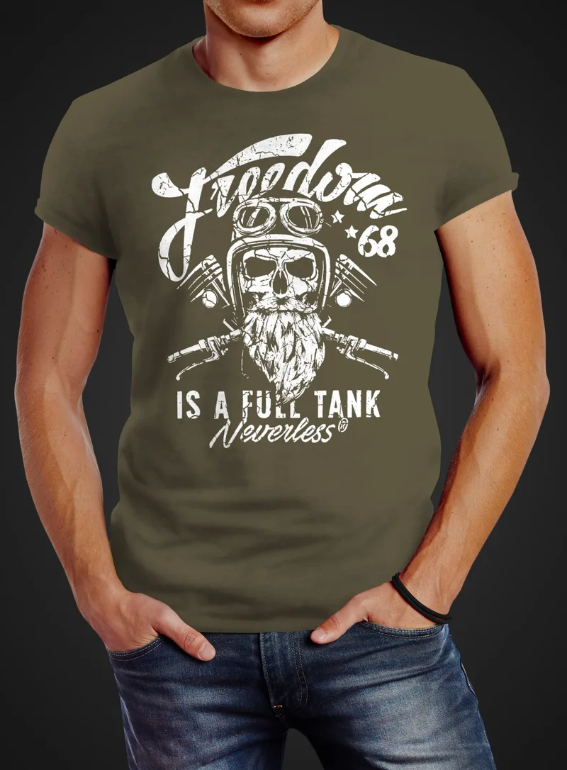 Herren T-Shirt Biker Motorrad Motiv Freedom is a full Tank Skull Totenkopf Slim Fit