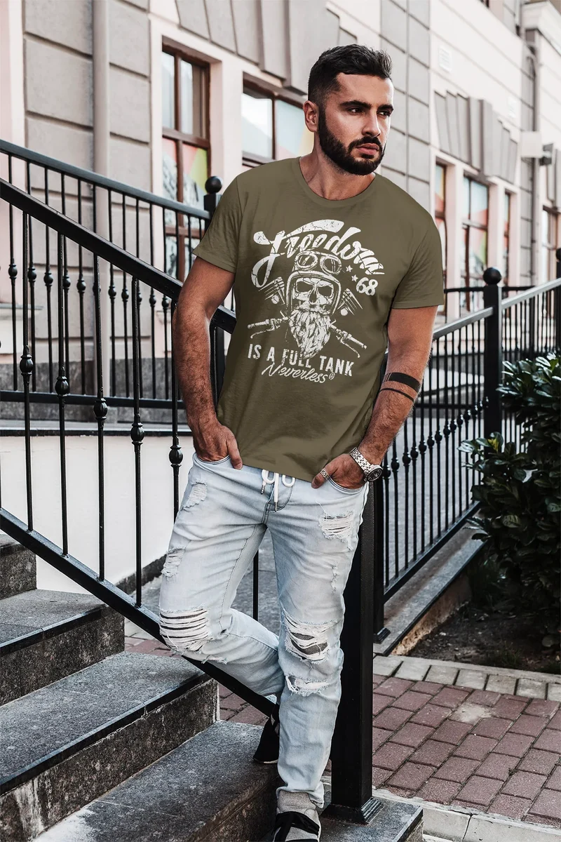 Herren T-Shirt Biker Motorrad Motiv Freedom is a full Tank Skull Totenkopf Slim Fit