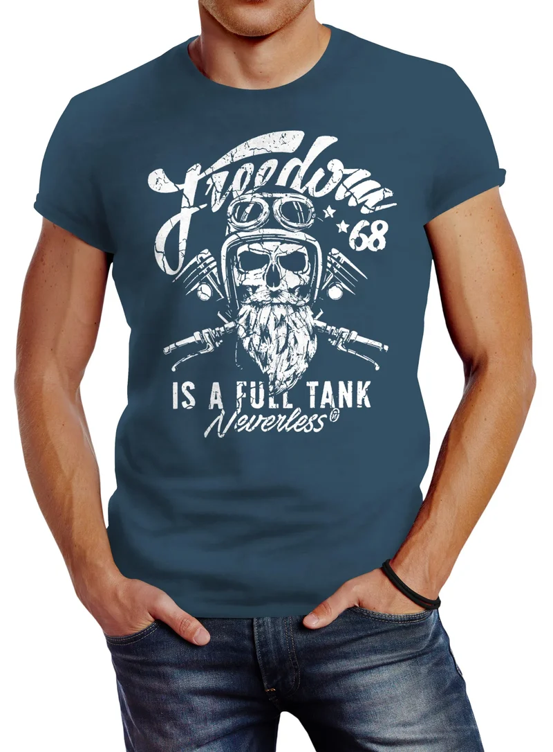 Herren T-Shirt Biker Motorrad Motiv Freedom is a full Tank Skull Totenkopf Slim Fit