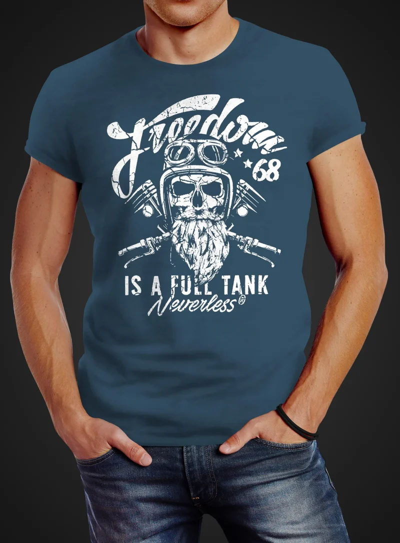 Herren T-Shirt Biker Motorrad Motiv Freedom is a full Tank Skull Totenkopf Slim Fit