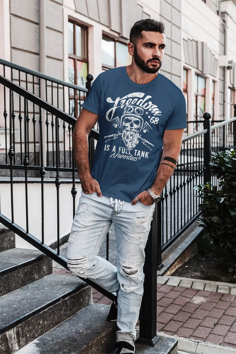 Herren T-Shirt Biker Motorrad Motiv Freedom is a full Tank Skull Totenkopf Slim Fit