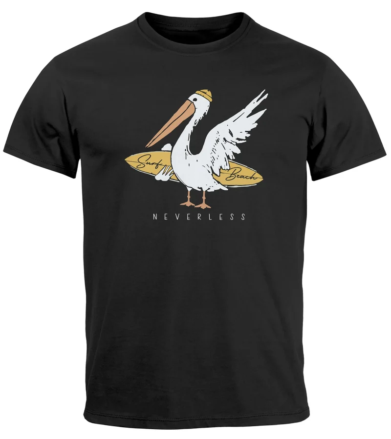 Herren T-Shirt Pelikan Print Surfer Surfboard Printshirt Männer Fashion Streetstyle