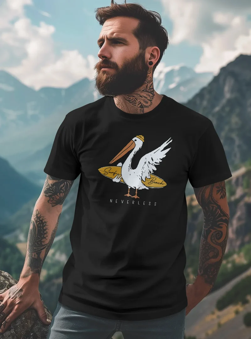 Herren T-Shirt Pelikan Print Surfer Surfboard Printshirt Männer Fashion Streetstyle