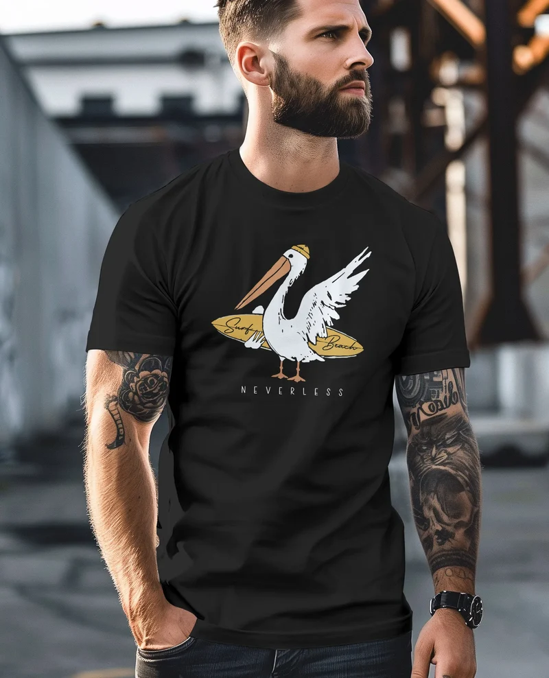 Herren T-Shirt Pelikan Print Surfer Surfboard Printshirt Männer Fashion Streetstyle