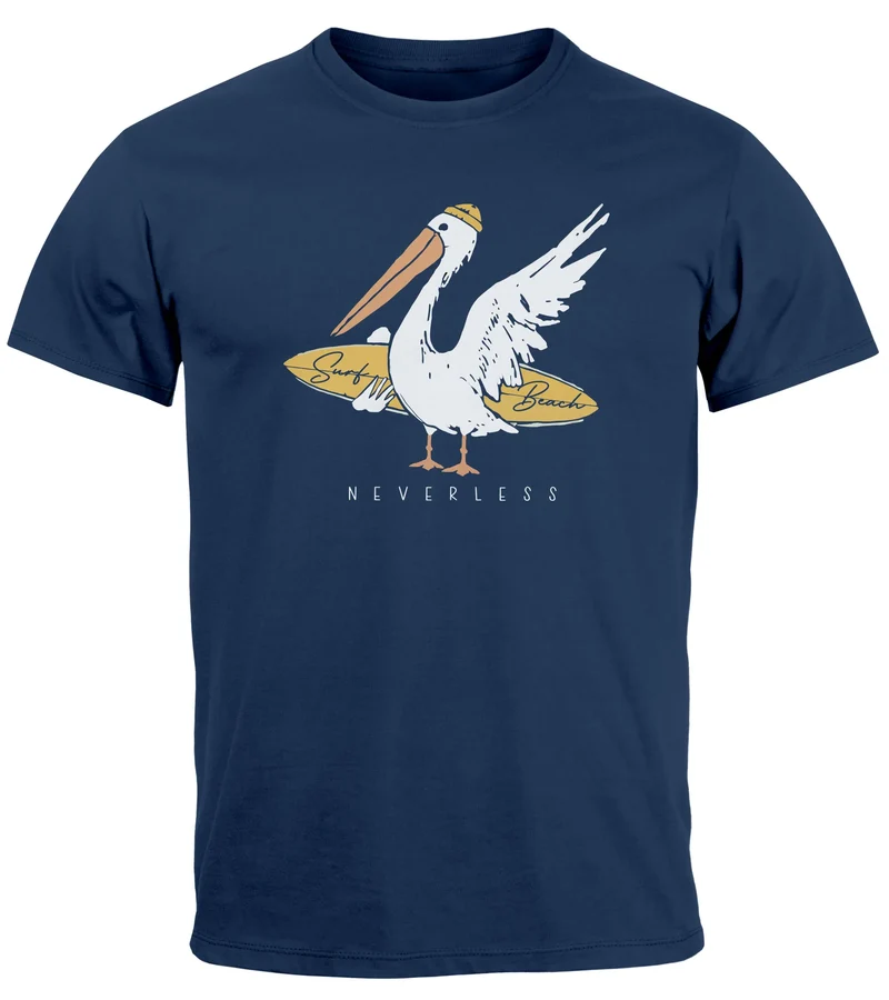 Herren T-Shirt Pelikan Print Surfer Surfboard Printshirt Männer Fashion Streetstyle