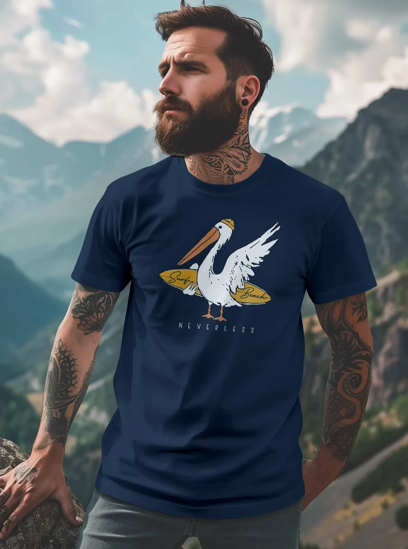 Herren T-Shirt Pelikan Print Surfer Surfboard Printshirt Männer Fashion Streetstyle