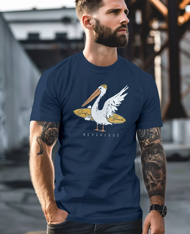 Herren T-Shirt Pelikan Print Surfer Surfboard Printshirt Männer Fashion Streetstyle