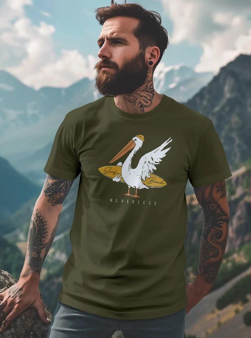 Herren T-Shirt Pelikan Print Surfer Surfboard Printshirt Männer Fashion Streetstyle