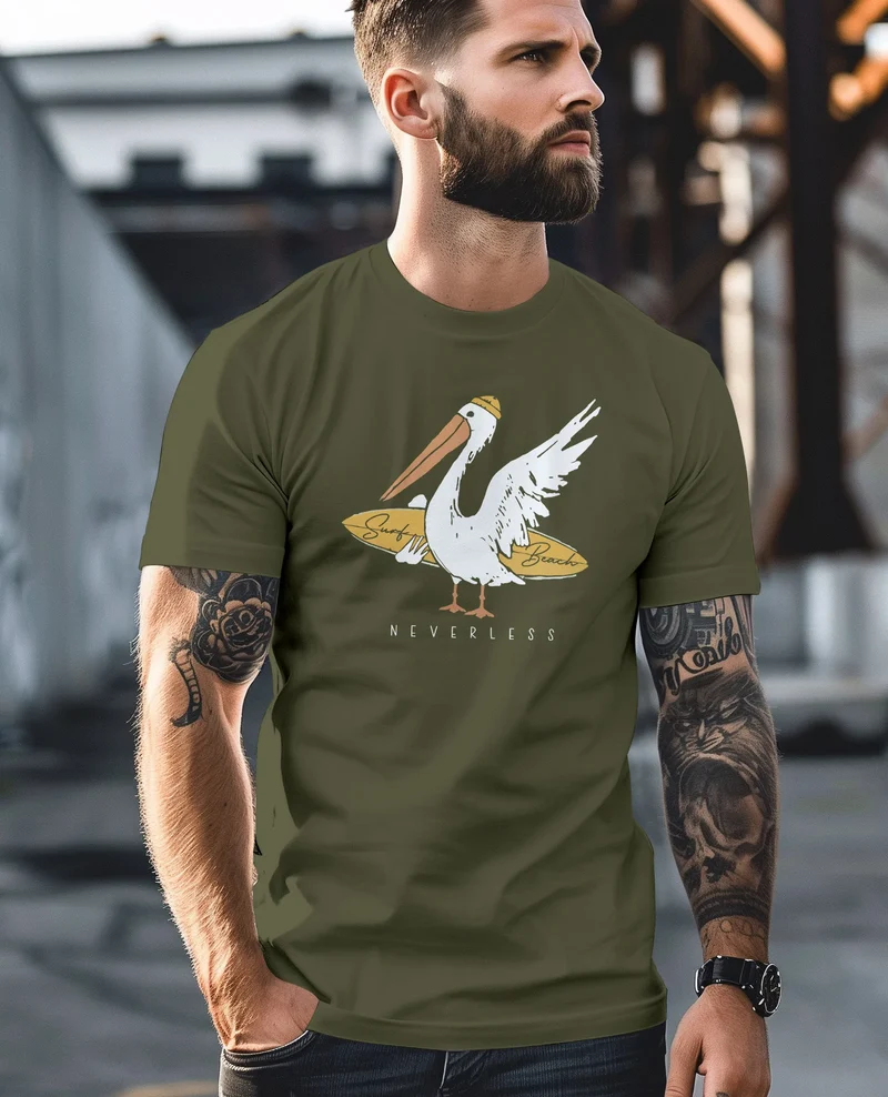Herren T-Shirt Pelikan Print Surfer Surfboard Printshirt Männer Fashion Streetstyle
