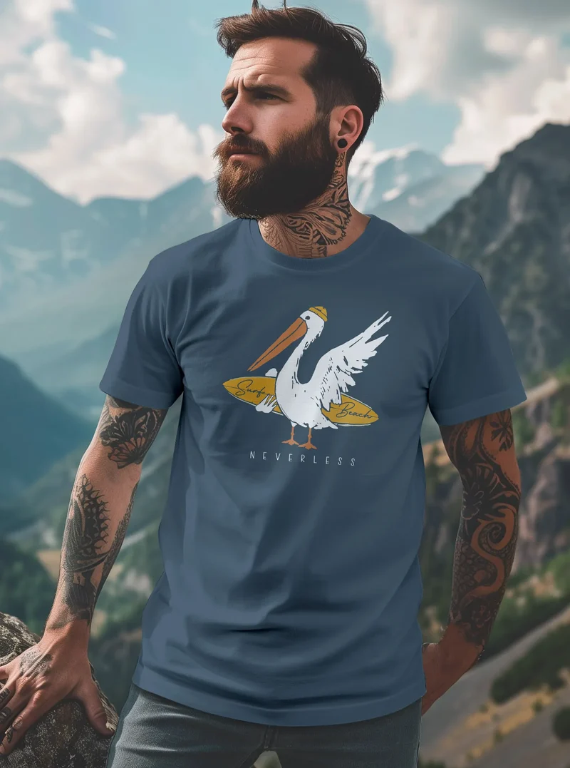Herren T-Shirt Pelikan Print Surfer Surfboard Printshirt Männer Fashion Streetstyle