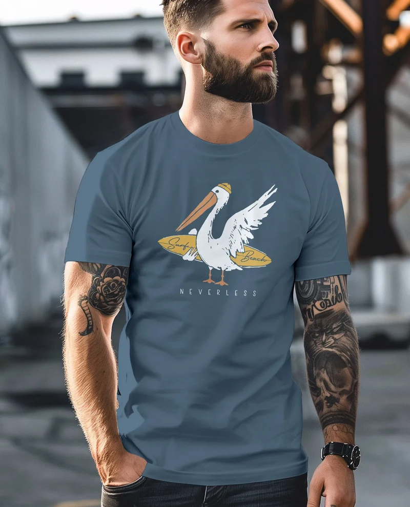 Herren T-Shirt Pelikan Print Surfer Surfboard Printshirt Männer Fashion Streetstyle