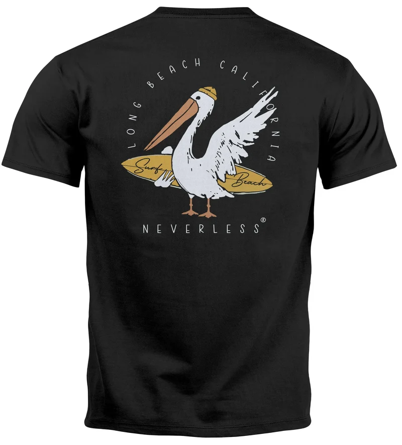 Herren T-Shirt Backprint Pelikan Print Surfer Surfboard Printshirt Männer Fashion Streetstyle