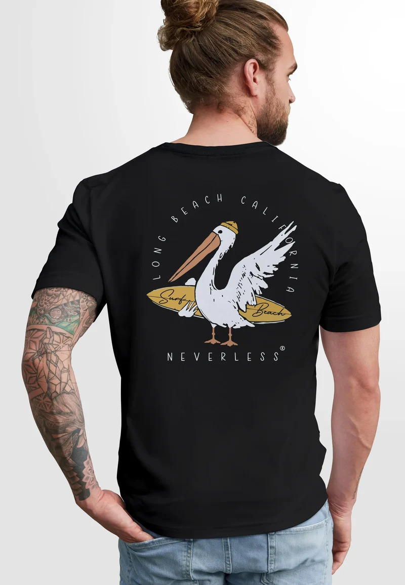 Herren T-Shirt Backprint Pelikan Print Surfer Surfboard Printshirt Männer Fashion Streetstyle