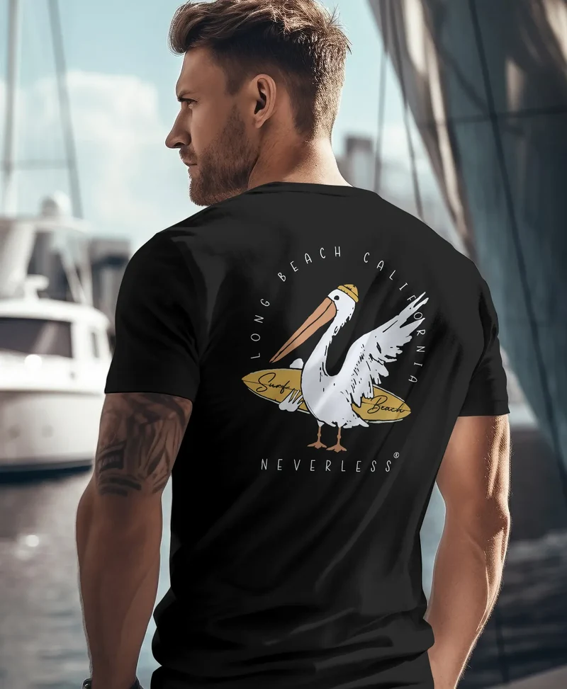 Herren T-Shirt Backprint Pelikan Print Surfer Surfboard Printshirt Männer Fashion Streetstyle