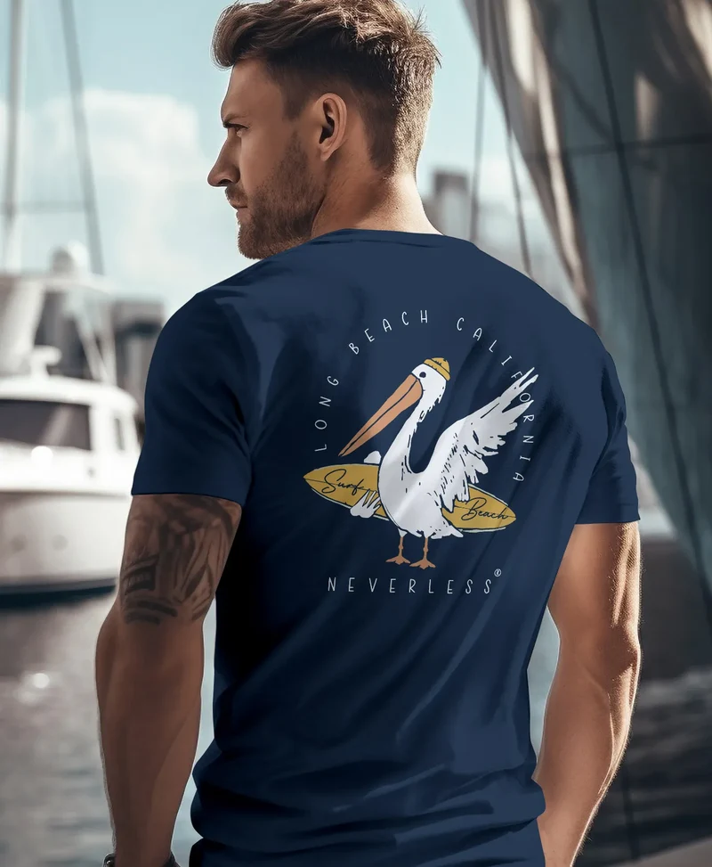 Herren T-Shirt Backprint Pelikan Print Surfer Surfboard Printshirt Männer Fashion Streetstyle