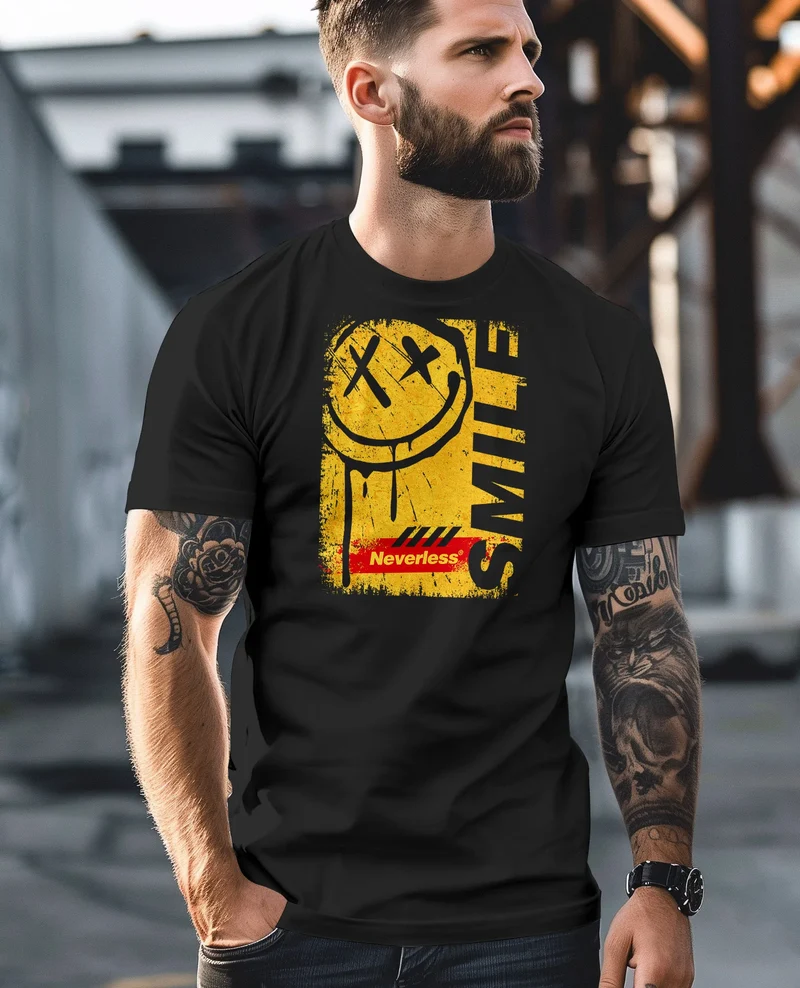 Herren T-Shirt Printshirt Smile Graffiti Design Drippy Face Männer Fashion Streetstyle