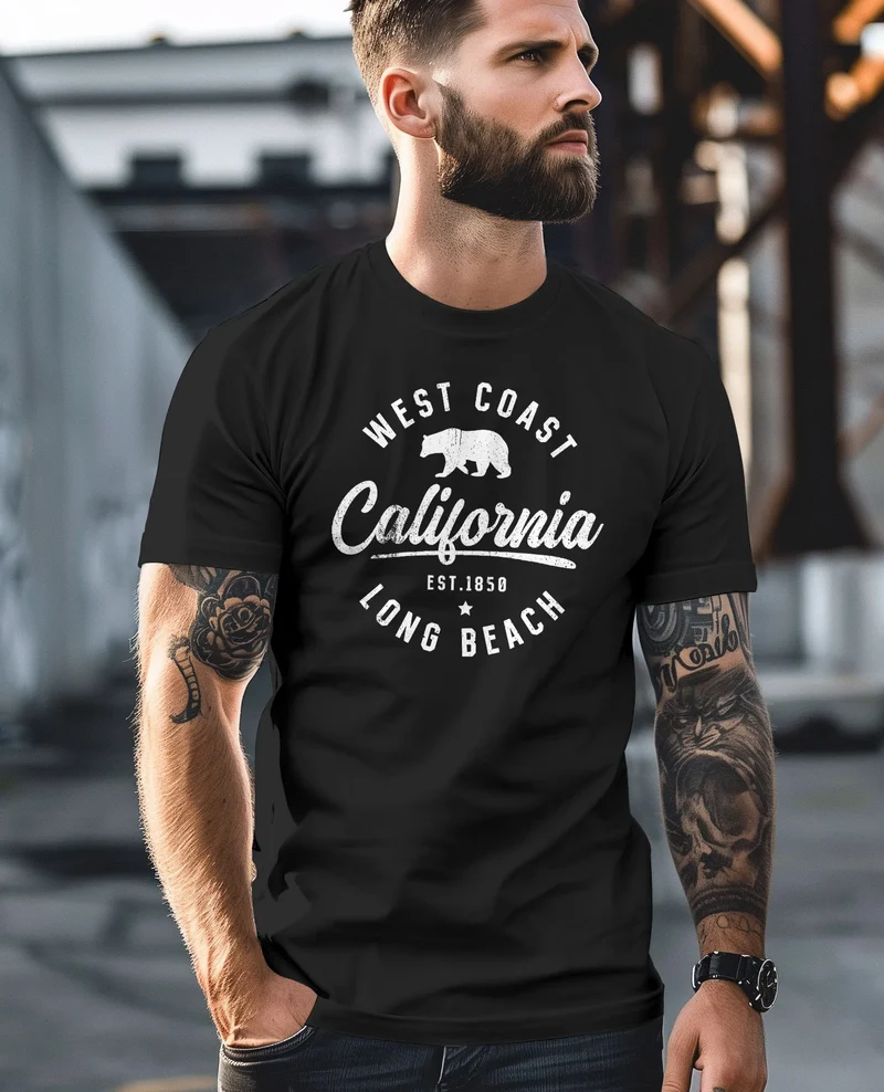 Herren T-Shirt Print California Aufdruck Bär Long Beach Männer Fashion Streetstyle