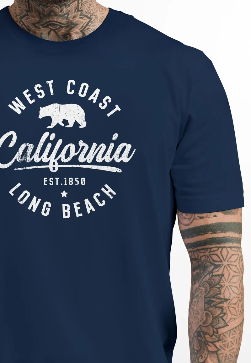 Herren T-Shirt Print California Aufdruck Bär Long Beach Männer Fashion Streetstyle