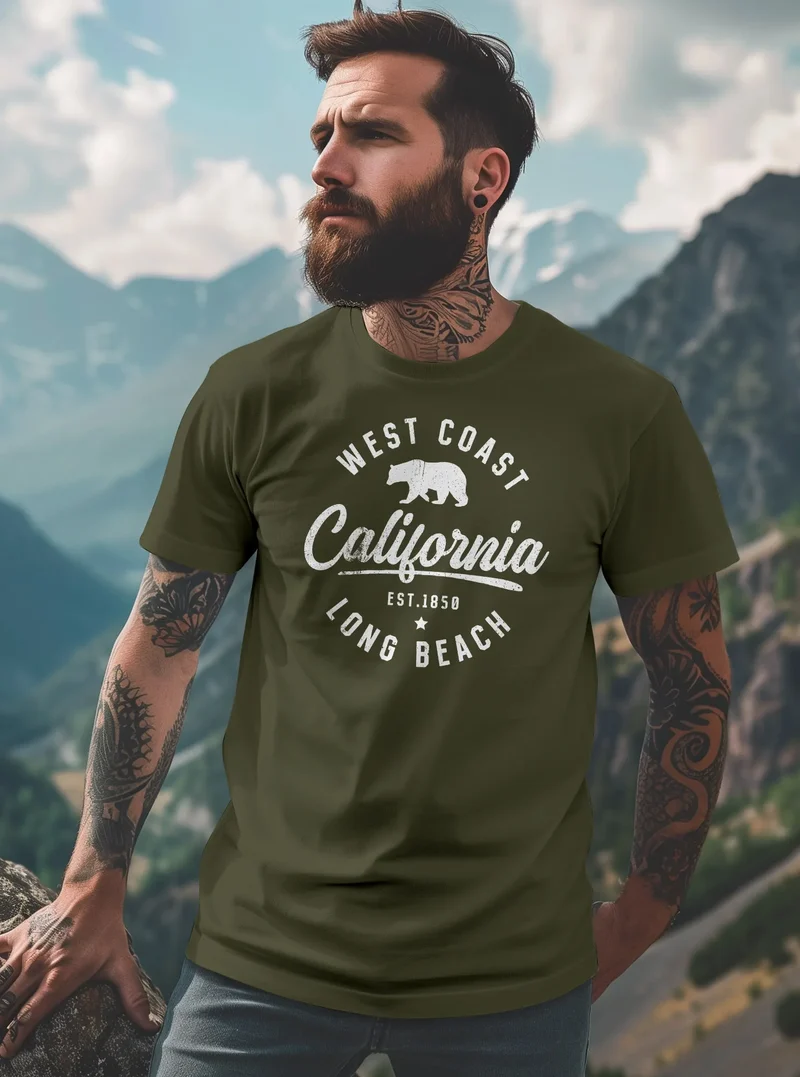 Herren T-Shirt Print California Aufdruck Bär Long Beach Männer Fashion Streetstyle