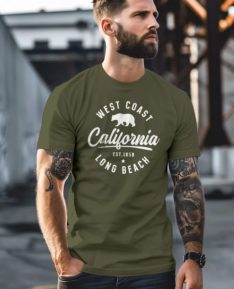Herren T-Shirt Print California Aufdruck Bär Long Beach Männer Fashion Streetstyle