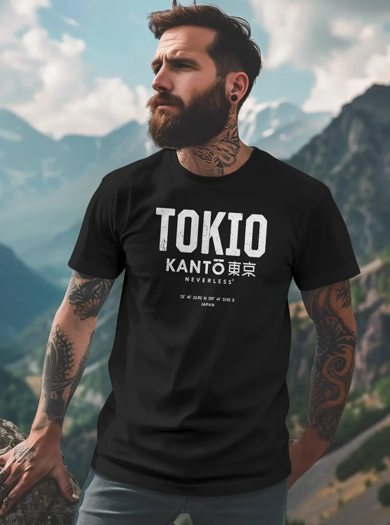 Herren T-Shirt Frontprint Tokyo Japan Japanische Schriftzeichen Grafik Printshirt Fashion Streetstyle
