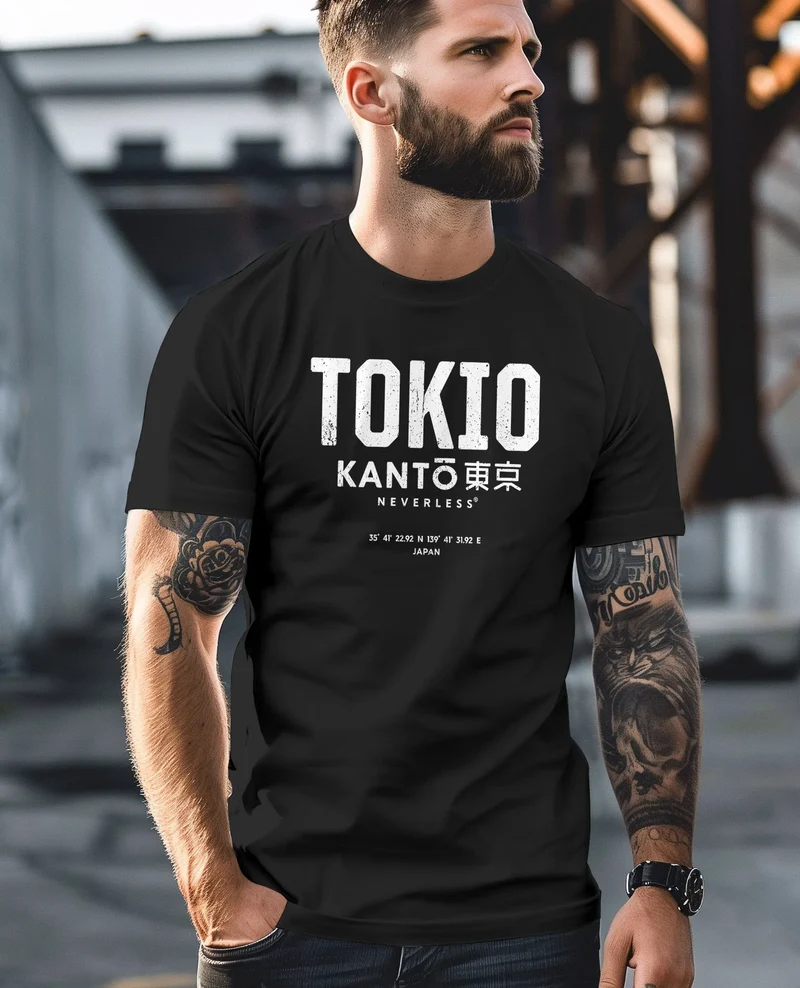 Herren T-Shirt Frontprint Tokyo Japan Japanische Schriftzeichen Grafik Printshirt Fashion Streetstyle