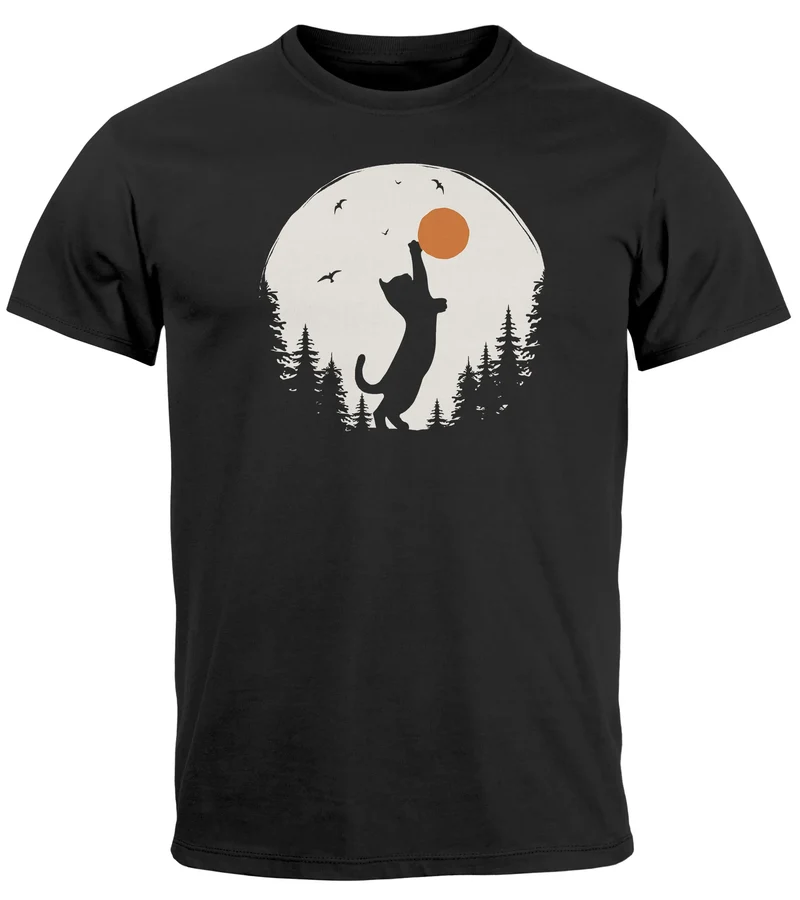 Herren T-Shirt Frontprint Katze Silhouette Natur Aufdruck Printshirt Grafik Fashion Streetstyle