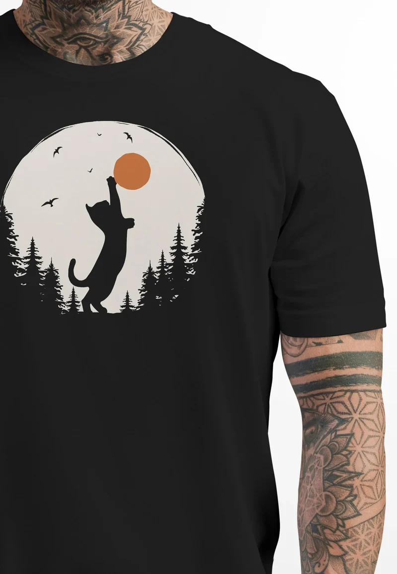 Herren T-Shirt Frontprint Katze Silhouette Natur Aufdruck Printshirt Grafik Fashion Streetstyle