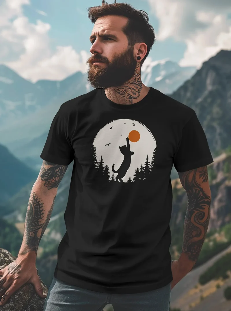 Herren T-Shirt Frontprint Katze Silhouette Natur Aufdruck Printshirt Grafik Fashion Streetstyle