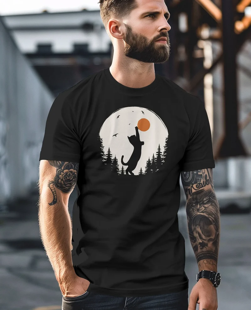 Herren T-Shirt Frontprint Katze Silhouette Natur Aufdruck Printshirt Grafik Fashion Streetstyle