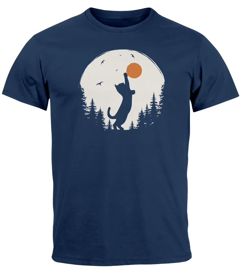 Herren T-Shirt Frontprint Katze Silhouette Natur Aufdruck Printshirt Grafik Fashion Streetstyle