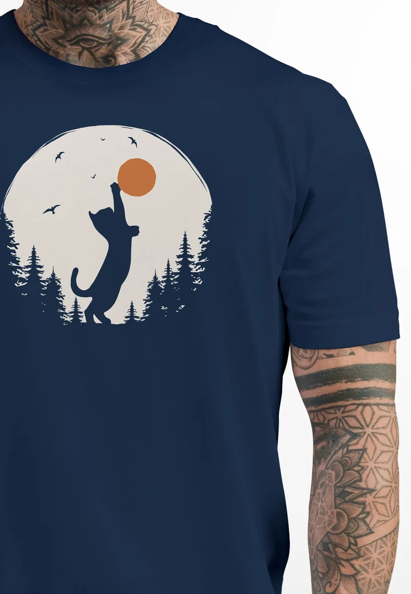 Herren T-Shirt Frontprint Katze Silhouette Natur Aufdruck Printshirt Grafik Fashion Streetstyle