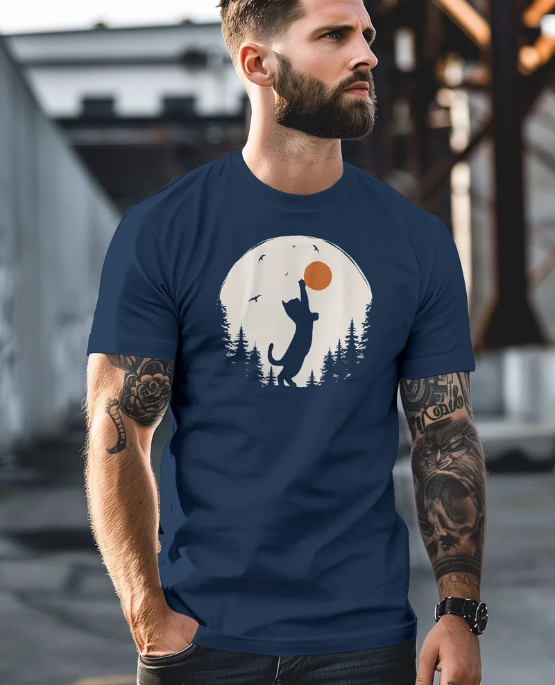 Herren T-Shirt Frontprint Katze Silhouette Natur Aufdruck Printshirt Grafik Fashion Streetstyle