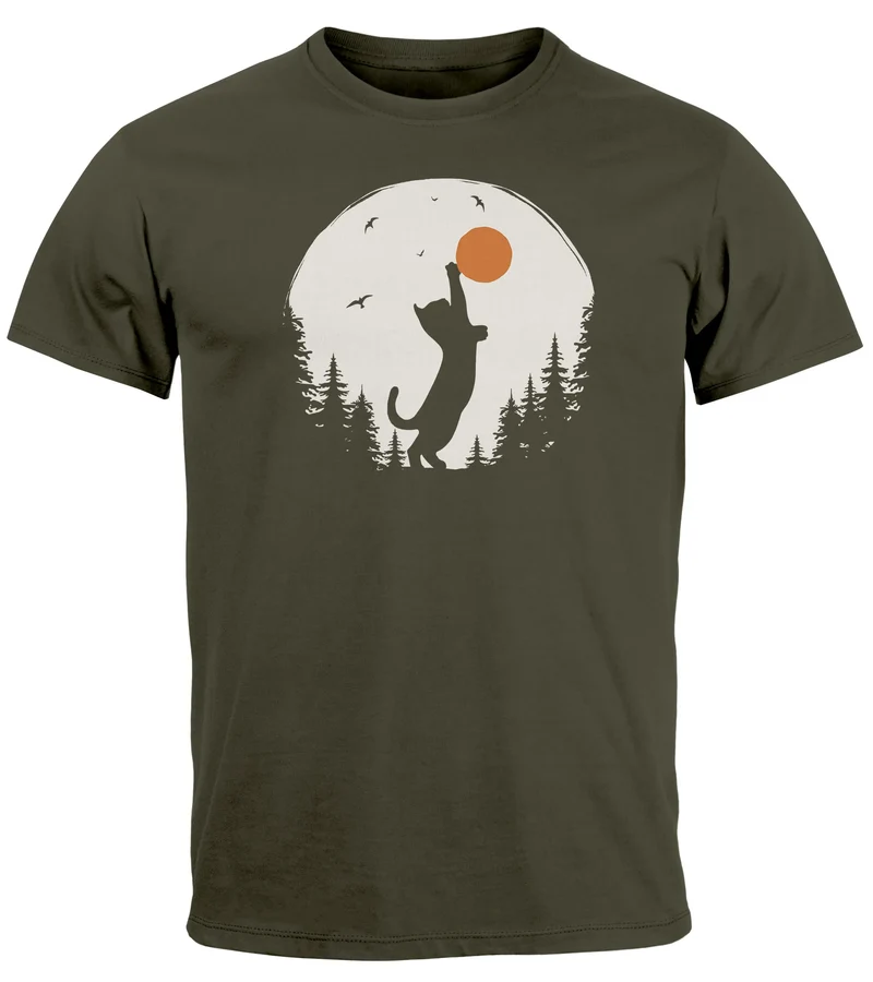 Herren T-Shirt Frontprint Katze Silhouette Natur Aufdruck Printshirt Grafik Fashion Streetstyle