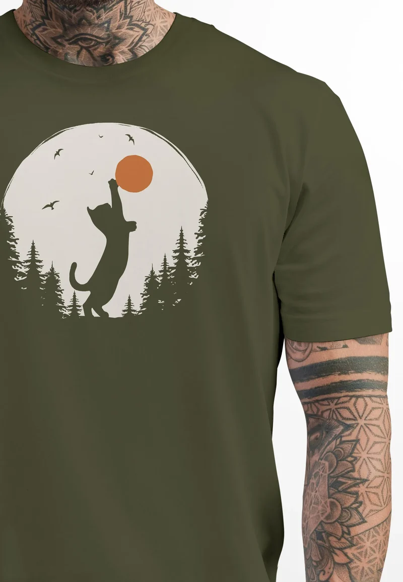Herren T-Shirt Frontprint Katze Silhouette Natur Aufdruck Printshirt Grafik Fashion Streetstyle
